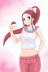 Rule 34 | 10s, 1girl, absurdres, alternate color, armpits, bare shoulders, belt, blue eyes, blush, breasts, collarbone, creatures (company), denim, game freak, high ponytail, highres, jeans, long hair, looking at viewer, midriff, navel, nintendo, pants, pink hair, poke ball, pokemon, pokemon (anime), pokemon xy, ponytail, premiere (pokemon), red hair, ribbon, small breasts, smile