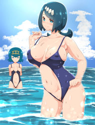 Rule 34 | 2girls, arched back, blue hair, blush, breast envy, breasts, cleft of venus, closed mouth, cloud, collarbone, commentary request, covered erect nipples, creatures (company), day, fingernails, freckles, game freak, gold hairband, hair tie, hairband, hand on own hip, hand up, kohsaka jun, lana&#039;s mother (pokemon), lana (pokemon), large breasts, long hair, mature female, mother and daughter, multiple girls, navel, nintendo, no sclera, outdoors, pokemon, pokemon (anime), pokemon sm (anime), pussy, pussy peek, short hair, sky, smile, sparkle, standing, sweatdrop, swimsuit, wading, water, wedgie, wet