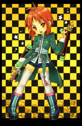 Rule 34 | 1boy, bad id, bad pixiv id, boots, checkered background, coat, dual wielding, full body, holding, male focus, mao (tales), red eyes, red hair, shorts, smile, solo, tachibana beni, tales of (series), tales of rebirth, thighhighs, thighhighs under boots, tonfa, weapon, white thighhighs