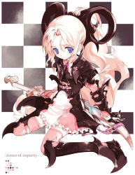 1girl armor blonde_hair blue_eyes checkered_background female_focus full_body gauntlets greaves long_hair original pink_thighhighs ponytail sitting skirt solo sumi_keiichi sword thighhighs wariza weapon white_background