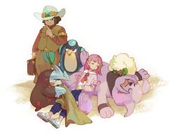 Rule 34 | 1boy, 1girl, blue pants, briefcase, brown shirt, brown vest, buttons, clay (pokemon), closed eyes, closed mouth, creatures (company), excadrill, game freak, gen 2 pokemon, gen 5 pokemon, granbull, green pants, hair ornament, hairclip, hat, huan li, index finger raised, lacey (pokemon), long sleeves, looking down, lying, nintendo, palpitoad, pants, pink hair, pokemon, pokemon (creature), pokemon bw, pokemon sv, shirt, shoes, sleeping, standing, vest, watch, whimsicott, white shirt, wristwatch