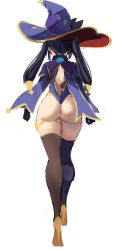 Rule 34 | 1girl, ass, black gloves, black hair, black ribbon, commentary, english commentary, from behind, genshin impact, gloves, hair ornament, hat, hat ribbon, high heels, highleg, highleg leotard, highres, leotard, mona (genshin impact), nape, purple leotard, rakeemspoon, ribbon, simple background, sketch, solo, thighhighs, thighlet, thighs, twintails, white background, witch hat