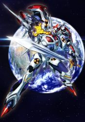Rule 34 | dangaioh hyper combat unit, dangaiou, earth (planet), glowing, glowing eyes, glowing hand, holding, holding sword, holding weapon, mecha, no humans, oobari masami, open hand, planet, robot, science fiction, solo, space, star (sky), super robot, sword, weapon, yellow eyes