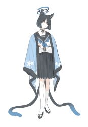 Rule 34 | 1girl, animal ears, black eyes, black hair, black nails, black sailor collar, black skirt, blue archive, blue neckerchief, cat ears, cat tail, choker, expressionless, full body, goshiki suzu, halo, haori, highres, japanese clothes, kikyou (blue archive), looking at viewer, multiple tails, neckerchief, pleated skirt, ribbon choker, sailor collar, school uniform, serafuku, short hair, simple background, skirt, solo, tail, two tails, white background
