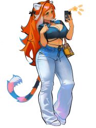 Rule 34 | 1girl, absurdres, animal ears, bag, black ribbon, blue shirt, blueisalanguage, breasts, cleavage, commentary, cropped shirt, curvy, denim, english commentary, full body, green eyes, handbag, highres, holding, holding phone, jeans, large breasts, long hair, long legs, midriff, multicolored hair, orange hair, original, pants, partially unbuttoned, phone, ribbon, shirt, shoes, sneakers, solo, standing, streaked hair, tail, thick thighs, thighs, tiger ears, tiger girl, hanna (blueisalanguage), tiger tail, unbuttoned, unbuttoned shirt, white footwear, white hair