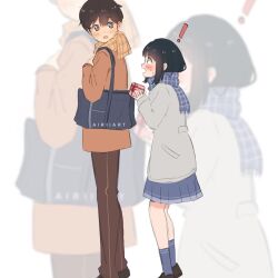 Rule 34 | !, 1boy, 1girl, airiiart, artist name, bag, black footwear, black hair, blue bag, blue scarf, blue skirt, blue socks, blush, brown eyes, brown hair, brown jacket, brown pants, coat, commentary, confession, english commentary, enpera, fringe trim, gift, grey coat, holding, holding gift, instagram username, jacket, long sleeves, looking at another, open mouth, original, pants, plaid, plaid scarf, pleated skirt, pocket, red ribbon, ribbon, scarf, school bag, shoes, short hair, skirt, socks, sweat, upturned eyes, yellow scarf, zoom layer