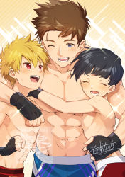 Rule 34 | 3boys, abs, age difference, arm around shoulder, arm around waist, black hair, blonde hair, blue eyes, blush, brown hair, closed eyes, commission, cowboy shot, fingerless gloves, gloves, highres, hug, looking at another, looking up, male focus, multiple boys, muscular, muscular child, muscular male, nanaura narina, navel, one eye closed, onii-shota, original, simple background, skeb commission, sparkle background, teeth, topless male