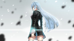Rule 34 | 10s, 1girl, arms at sides, back, blue hair, braid, breasts, closed mouth, cowboy shot, deras, eyelashes, frilled sleeves, frills, from behind, kiznaiver, lens flare, long hair, long sleeves, looking at viewer, miniskirt, motion blur, profile, school uniform, skirt, small breasts, solo, sonozaki noriko, thighhighs, upskirt