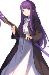 Rule 34 | 1girl, black cloak, blunt bangs, cloak, commentary request, dress, fern (sousou no frieren), highres, holding, holding staff, long hair, long sleeves, looking at viewer, open cloak, open clothes, ponzu pon9, purple eyes, purple hair, simple background, solo, sousou no frieren, staff, standing, very long hair, white background, white dress