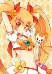 Rule 34 | 10s, 1girl, argyle, argyle background, argyle clothes, arms behind head, arms up, blonde hair, blush, bow, breasts, brooch, brown eyes, choker, cure sunshine, hair ribbon, heart, heart brooch, heartcatch precure!, jewelry, long hair, looking at viewer, magical girl, mascot, midriff, myoudouin itsuki, navel, orange background, orange bow, orange eyes, potpourri (heartcatch precure!), precure, ribbon, sikuhima, skirt, smile, solo, twintails, underboob, very long hair, yellow bow, yellow eyes