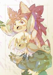 Rule 34 | 1girl, 1other, :3, animal ears, border, brown fur, buna (beech forest), carrying, carrying person, claws, furry, green border, green pants, highres, inset border, leg lock, long hair, made in abyss, mitty (made in abyss) (furry), nanachi (made in abyss), open mouth, pants, piggyback, pointing, puffy pants, rabbit ears, red eyes, red hair, smile, whiskers, white background, white hair, yellow eyes