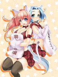 Rule 34 | 2girls, animal ears, animal hands, atelier-moo, bikini, blue eyes, blue hair, breasts, cat ears, cat girl, cat paws, cat tail, cleavage, dog ears, dog girl, fang, large breasts, long hair, melody sinclair, miniskirt, multiple girls, open mouth, paw shoes, pink hair, ponytail, ribbon, skirt, smile, swimsuit, tail, tail ornament, tail ribbon, wide ponytail, yuukyuu gensoukyoku