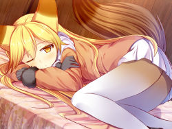Rule 34 | 10s, 1girl, :o, ;o, animal ears, ass, bed sheet, black footwear, black gloves, blonde hair, blush, bow, bowtie, colored eyelashes, ezo red fox (kemono friends), floral print, fox ears, fox tail, fur-trimmed sleeves, fur trim, gloves, hair between eyes, hand up, invisible chair, jacket, kemono friends, knees together feet apart, liya, loafers, long hair, long sleeves, looking at viewer, lying, multicolored clothes, multicolored legwear, on bed, one eye closed, open mouth, orange jacket, orange pantyhose, pantyhose, parted lips, pocket, scarf, shoes, simple background, sitting, skirt, slit pupils, solo, straight hair, tail, upskirt, very long hair, white background, white bow, white bowtie, white pantyhose, white scarf, white skirt