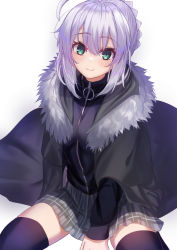 Rule 34 | 1girl, ahoge, black thighhighs, blush, braid, closed mouth, commentary request, fate/grand order, fate (series), french braid, fur-trimmed jacket, fur trim, gray (fate), green eyes, green skirt, grey hair, grey jacket, hair between eyes, highres, hood, hood down, jacket, long sleeves, looking at viewer, lord el-melloi ii case files, miniskirt, neko daruma, open clothes, open jacket, plaid, plaid skirt, short hair, sidelocks, simple background, sitting, skirt, smile, solo, thighhighs, white background
