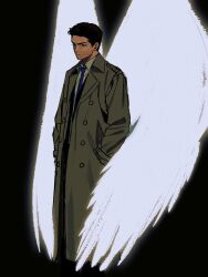 Rule 34 | 1boy, angel, beard stubble, black background, black hair, castiel, coat, dailysarndean, facial hair, feathered wings, feet out of frame, glowing, glowing wings, hands in pockets, highres, male focus, mature male, short hair, simple background, solo, stubble, supernatural (tv series), trench coat, wings