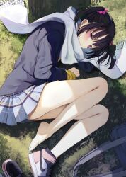 Rule 34 | 1girl, air jordan, air jordan 1, bag, bare legs, barefoot, black hair, blue jacket, blue skirt, commentary request, curled up, full body, grass, hair bobbles, hair ornament, hair spread out, jacket, kamizaki hibana, long sleeves, looking at viewer, lying, nike (company), on ground, on side, original, outdoors, pink eyes, pleated skirt, purple footwear, scarf, school bag, shoes, single shoe, skirt, sneakers, solo, sweater, tree, twintails, unworn shoes, white scarf, yellow sweater
