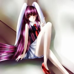 Rule 34 | 1girl, absurdres, animal ears, breasts, rabbit ears, female focus, high heels, highres, hir0, impossible clothes, impossible shirt, legs, long hair, necktie, pleated skirt, red eyes, reisen udongein inaba, shirt, shoes, skirt, solo, touhou, very long hair