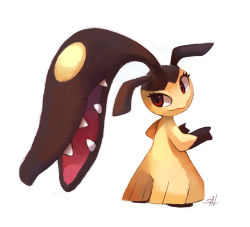Rule 34 | brown eyes, commentary, creature, creatures (company), english commentary, eyelashes, full body, game freak, gen 3 pokemon, looking back, mawile, nintendo, no humans, pokemon, pokemon (creature), salanchu, signature, simple background, solo, white background