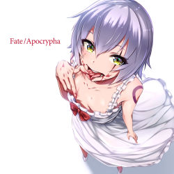 Rule 34 | 1girl, areola slip, breasts, convenient censoring, copyright name, downblouse, dress, fate/apocrypha, fate (series), from above, highres, jack the ripper (fate/apocrypha), looking at viewer, no bra, pecolondon, scar, shadow, short hair, silver hair, simple background, small breasts, solo, standing, tattoo, white background, white dress, yellow eyes