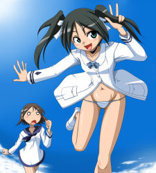 Rule 34 | 00s, 2girls, black hair, blush, francesca lucchini, long hair, lowleg, miyafuji yoshika, multiple girls, non (number), o o, panties, running, strike witches, striped clothes, striped panties, twintails, underwear, world witches series