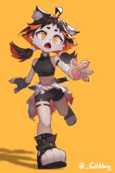 Rule 34 | 1girl, absurdres, ahoge, animal ear fluff, animal ears, bandaged ear, bike shorts, black hair, body fur, cat ears, crop top, cropped sweater, female focus, fingerless gloves, furry, furry female, gilmang, gloves, highres, hip vent, knife, low twintails, midriff, multicolored hair, navel, open mouth, orange hair, original, pawpads, running, shadow, simple background, single glove, sleeveless, solo, teeth, thigh strap, toeless footwear, twintails, twitter username, two-tone hair, yellow background, yellow eyes