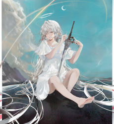 Rule 34 | 1girl, absurdres, bad id, bad pixiv id, barefoot, blue sky, cloud, cloudy sky, collarbone, crescent moon, dress, feet, frilled sleeves, frills, full body, grey eyes, grey hair, halo, hands up, highres, holding, jenmin12, legs, long hair, moon, multicolored hair, original, pointy ears, red hair, sitting, sky, soles, solo, streaked hair, sword, toes, very long hair, weapon, white dress