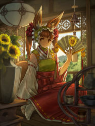 Rule 34 | 1girl, animal ears, bell, bespin, blunt bangs, blurry, bowl, brown eyes, brown hair, chin strap, cup, depth of field, detached sleeves, flower, folding fan, fox ears, fox tail, hairband, hakama, hakama skirt, hand fan, highres, holding, indoors, japanese clothes, lamp, lolita hairband, looking at viewer, looking away, looking to the side, no shoes, nontraditional miko, on floor, original, ribbon-trimmed sleeves, ribbon trim, scrunchie, shelf, sitting, skirt, sleeveless, smile, solo, sunflower, tabi, tail, tassel, twintails, vase, white legwear, wooden floor, yokozuwari