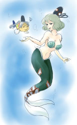 Rule 34 | 1girl, :d, angry, ariel (disney), breasts, cleavage, closed eyes, crossover, eye contact, fish, flounder, flounder (the little mermaid), green hair, grey eyes, hat, kitayuki kajika, looking at another, mermaid, mononobe no futo, monster girl, navel, open mouth, outstretched hand, parody, ponytail, shell, shell bikini, short hair, silver hair, size difference, sketch, smile, soga no tojiko, squiggle, tail, tate eboshi, the little mermaid, touhou, underwater, water, wavy mouth