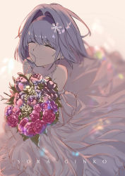 Rule 34 | 1girl, absurdres, bare shoulders, bouquet, bride, crying, dress, closed eyes, flower, hair intakes, hairband, highres, holding, holding bouquet, ryuuou no oshigoto!, short hair, silver hair, solo, sora ginko, t.k.c, wedding dress