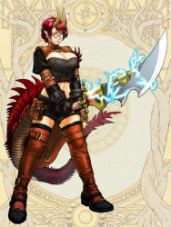 Rule 34 | 1girl, arm belt, black gloves, black shorts, boots, breasts, cleavage, dairoku ryouhei, dragon tail, electricity, fingerless gloves, full body, glasses, gloves, holding, holding sword, holding weapon, horns, large breasts, looking at viewer, navel, pointy ears, pouch, raiden ryuko, red eyes, red footwear, shakamuni, short hair, shorts, simple background, solo, standing, sword, tail, thigh boots, weapon, yellow background