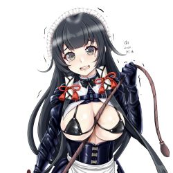 Rule 34 | 1girl, alternate costume, artist name, bikini, bikini top only, black bikini, black gloves, black hair, blush, breasts, dated, elbow gloves, enmaided, gloves, grey eyes, holding, holding whip, kantai collection, large breasts, long hair, maid, maid headdress, micro bikini, mizuho (kancolle), open mouth, signature, simple background, solo, swimsuit, teeth, tk8d32, upper body, upper teeth only, white background
