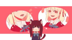 Rule 34 | 2girls, animal ear fluff, animal ears, artist name, blonde hair, blue bow, blue bowtie, blush stickers, bow, bowtie, cat ears, cat girl, cat tail, chinese commentary, commentary request, highres, inoue takina, jacket, kemonomimi mode, looking at viewer, lycoris recoil, lycoris uniform, medium hair, multiple girls, nishikigi chisato, one side up, open mouth, pink background, purple eyes, purple jacket, red eyes, red jacket, red ribbon, ribbon, smile, tail, thought bubble, two-tone background, white background, yanlingjinshilihuahua