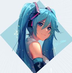 Rule 34 | 1girl, aqua hair, bare shoulders, black sleeves, closed mouth, commentary, detached sleeves, diamond (shape), ei flow, english commentary, from side, grey shirt, hair ornament, hatsune miku, headphones, lens flare, long hair, looking to the side, rainbow, shirt, shoulder tattoo, sleeveless, sleeveless shirt, smile, solo, sparkle, tattoo, twintails, twitter username, upper body, very long hair, vocaloid