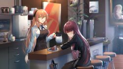 Rule 34 | 2girls, absurdres, apron, bar stool, black apron, black jacket, black pantyhose, blue neckerchief, blurry, blush, breasts, brown hair, bullpup, chromatic aberration, closed mouth, coffee, collared shirt, commentary, cup, depth of field, english commentary, film grain, girls&#039; frontline, green eyes, gun, hair between eyes, highres, indoors, jacket, kitchen, large breasts, long hair, long sleeves, looking at viewer, multiple girls, neckerchief, open mouth, pantyhose, ponytail, puffy sleeves, purple hair, red eyes, rifle, shidoni, shirt, sidelocks, sitting, sniper rifle, springfield (girls&#039; frontline), stool, teeth, upper teeth only, wa2000 (girls&#039; frontline), walther, walther wa 2000, weapon, white shirt