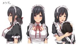 Rule 34 | 1girl, age difference, apron, bad id, bad pixiv id, black hair, blush, breasts, closed mouth, detached collar, frilled apron, frilled sleeves, frills, from side, hair ribbon, hands on another&#039;s head, height difference, highres, large breasts, long hair, maid, maid headdress, mole, mole on breast, multiple views, neck ribbon, open mouth, original, profile, puffy short sleeves, puffy sleeves, purple eyes, raised eyebrows, red ribbon, ribbon, round teeth, short sleeves, simple background, smile, takoneru, tareme, teeth, translated, upper body, white apron, white background, wing collar