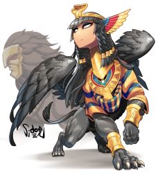 Rule 34 | 1girl, artist name, black fur, black hair, black wings, bracer, braid, claws, closed mouth, commentary request, dark-skinned female, dark skin, egyptian, egyptian clothes, fate/grand order, fate (series), feathered wings, full body, fur-tipped tail, highres, human head, jewelry, lion tail, long hair, looking at viewer, monster girl, neck ring, original, shadow, sido (slipknot), simple background, solo, sphinx, standing, tail, usekh collar, white background, white eyes, wings