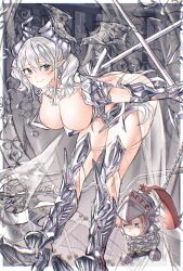 2girls armor bent_over breasts chibi cleavage demon_girl demon_wings dual_wielding grey_eyes grey_hair holding holding_sword holding_weapon knight_(yu-gi-oh!) lady_labrynth_of_the_silver_castle large_breasts lovely_labrynth_of_the_silver_castle multiple_girls nakagawa_kanon_(pixiv32798535) pointy_ears revealing_clothes sword transparent_wings weapon wings yu-gi-oh!