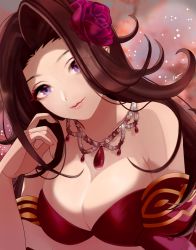 Rule 34 | 1girl, arm under breasts, armpits, bare shoulders, blurry, blurry background, breasts, brown hair, cleavage, dress, eyes visible through hair, floating hair, flower, forehead, hair flower, hair ornament, ich., idolmaster, idolmaster cinderella girls, jewelry, large breasts, light smile, lipgloss, long hair, looking at viewer, necklace, off-shoulder dress, off shoulder, red dress, rose, solo, takahashi reiko, upper body