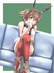 Rule 34 | 1girl, bare shoulders, breasts, brown hair, chain, couch, gloves, green eyes, hairband, highres, kantai collection, kouno ibuki, crossed legs, lips, looking at viewer, medium breasts, midriff, miniskirt, mutsu (kancolle), radio antenna, red legwear, short hair, sitting, skirt, smile, solo, white gloves
