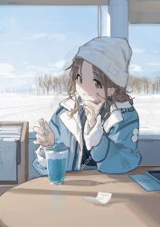 Rule 34 | 1girl, beanie, blue jacket, brown eyes, brown hair, brown nails, cellphone, day, food, hat, highres, ice cream, ichikawa hinana, idolmaster, idolmaster shiny colors, jacket, long sleeves, looking at viewer, nail polish, open clothes, open jacket, phone, receipt, sitting, sky, smartphone, snow, solo, table, white hat, window, zhili xingzou