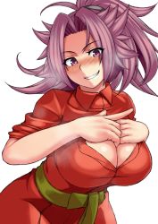 Rule 34 | 10s, 1girl, alternate hairstyle, blush, breasts, cleavage, grin, huge breasts, jun&#039;you (kancolle), kantai collection, kupala, leaning forward, long hair, looking at viewer, ponytail, purple eyes, purple hair, smile, solo, spiked hair
