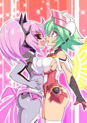 Rule 34 | 2girls, ass, azure striker gunvolt, bare shoulders, black sclera, blue eyes, blush, bodysuit, breast press, breasts, colored sclera, cougar (cougar1404), curvy, elbow gloves, gloves, green eyes, headgear, height difference, huge ass, isola, large breasts, leotard, luminous avenger ix, multiple girls, open mouth, pink hair, purple eyes, roro (gunvolt), shiny clothes, shiny skin, short hair, sideboob, smile, thick thighs, thighs, twintails, wide hips