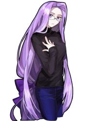 Rule 34 | 1girl, absurdly long hair, denim, fate/stay night, fate (series), forehead, glasses, hair ribbon, highres, jeans, long hair, looking at viewer, medusa (fate), medusa (rider) (fate), pants, purple eyes, purple hair, purple ribbon, ribbon, simple background, solo, turtleneck, upper body, user murs5522, very long hair, white background
