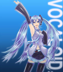 Rule 34 | armpits, blue eyes, blue hair, detached sleeves, happy, hatsune miku, long hair, navel, necktie, nidy, skirt, solo, thighhighs, twintails, vocaloid, waving, zettai ryouiki
