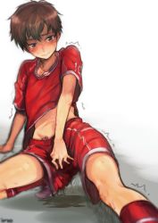 Rule 34 | 1boy, arm support, blue eyes, blush, brown hair, clothes lift, collarbone, covering privates, covering crotch, crying, crying with eyes open, foot out of frame, highres, humiliation, kansho, kneehighs, looking to the side, male focus, midriff peek, navel, original, outstretched leg, pee, pee stain, peeing, peeing self, puddle, red shirt, red shorts, red socks, shaded face, shirt, shirt lift, shoes, short sleeves, shorts, socks, solo, solo focus, sportswear, squatting, stain, stained clothes, stained shorts, sweat, tears, trembling, wet, wet clothes, wet shorts, white background, white footwear