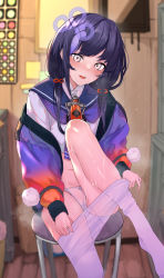 Rule 34 | 1girl, black hair, blue hair, blue jacket, blue neckerchief, blue sailor collar, blush, cameltoe, chair, crop top, crotch seam, gradient hair, grey eyes, hair ornament, hcz n, highres, indoors, jacket, legs, long hair, long sleeves, looking at viewer, low twintails, multicolored hair, navel, neckerchief, nijisanji, no pants, nose blush, off shoulder, open mouth, paid reward available, panties, pantyhose, pom pom (clothes), ponto nei, sailor collar, school uniform, shirt, sitting, sleeves past wrists, solo, streaked hair, sweat, twintails, underwear, undressing, virtual youtuber, wet, wet clothes, white panties, white pantyhose, white shirt