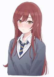 Rule 34 | 1girl, blush, closed mouth, collared shirt, commentary, diagonal-striped clothes, diagonal-striped necktie, grey sweater, highres, idolmaster, idolmaster shiny colors, long hair, long sleeves, looking at viewer, mikazuchi zeus, necktie, osaki amana, red hair, shirt, simple background, solo, striped clothes, striped necktie, sweater, swept bangs, symbol-only commentary, upper body, white background, white shirt, yellow eyes
