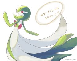 Rule 34 | 1girl, artist name, back, bob cut, colored skin, creatures (company), dated, female focus, from behind, full body, game freak, gardevoir, gardevoir day, gen 3 pokemon, green hair, green skin, hands up, hinata kanata, japanese text, looking at viewer, looking back, multicolored skin, nintendo, pokemon, pokemon (creature), short hair, sideways mouth, simple background, solo, standing, translated, twitter username, two-tone skin, watermark, white background, white skin