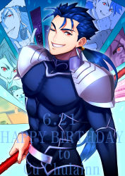 Rule 34 | 5boys, absurdres, armor, blue bodysuit, blue hair, bodysuit, character name, close-up, cu chulainn (caster) (fate), cu chulainn (fate), cu chulainn (fate) (all), cu chulainn (fate/prototype), cu chulainn (fate/stay night), cu chulainn alter (fate), dog, earrings, facial mark, fate/grand order, fate (series), gae bolg (fate), grin, hair strand, happy birthday, highres, hourinoki, jewelry, long hair, low ponytail, male focus, multiple boys, muscular, muscular male, one eye closed, ponytail, red eyes, runes, setanta (fate), shoulder armor, smile