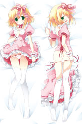 Rule 34 | 1girl, artist request, ass, bed sheet, blonde hair, blush, bottomless, bow, censored, character request, choker, clenched hand, dakimakura (medium), dress, feet, female focus, frills, grabbing, green eyes, hair bow, hair ornament, hair ribbon, hand on own chest, looking at viewer, looking back, lying, multiple views, no shoes, on back, on stomach, open mouth, panties, puffy sleeves, pussy juice, ribbon, sheet grab, short hair, side-tie panties, skirt, source request, straight hair, thighhighs, underwear, undone, white thighhighs, wince, wrist cuffs, zettai ryouiki